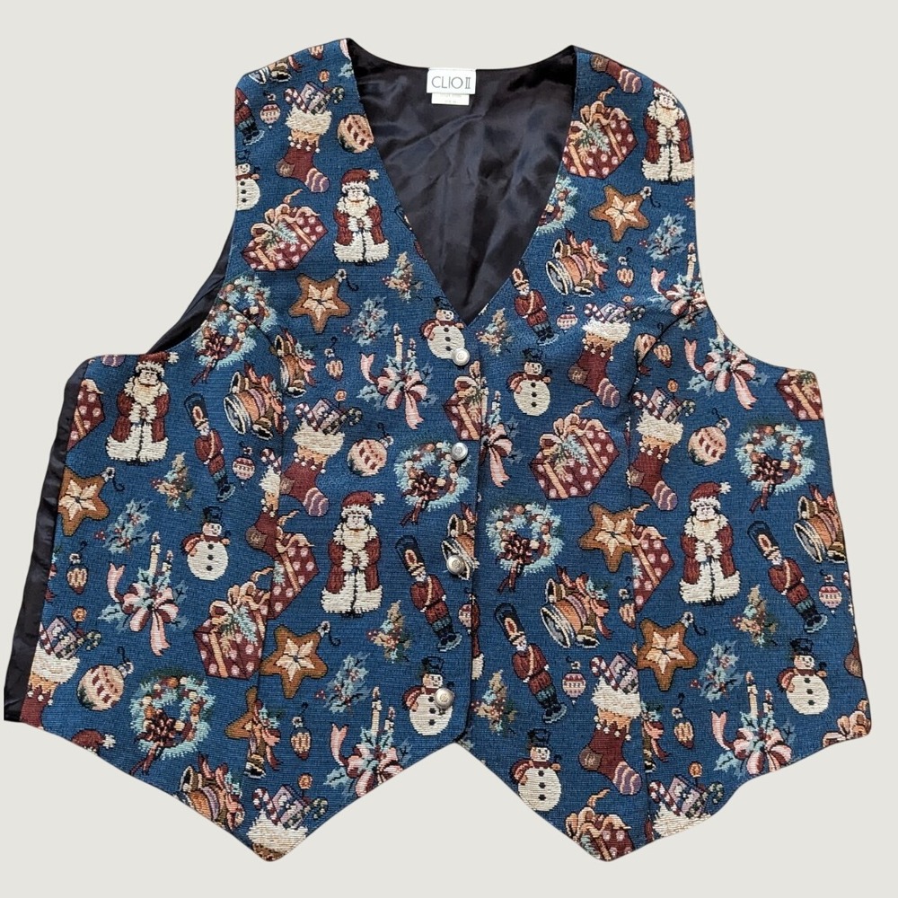 Vtg Clio II Christmas Holiday Vest Sz 2X Embroidered Tapestry Nutcracker Ugly